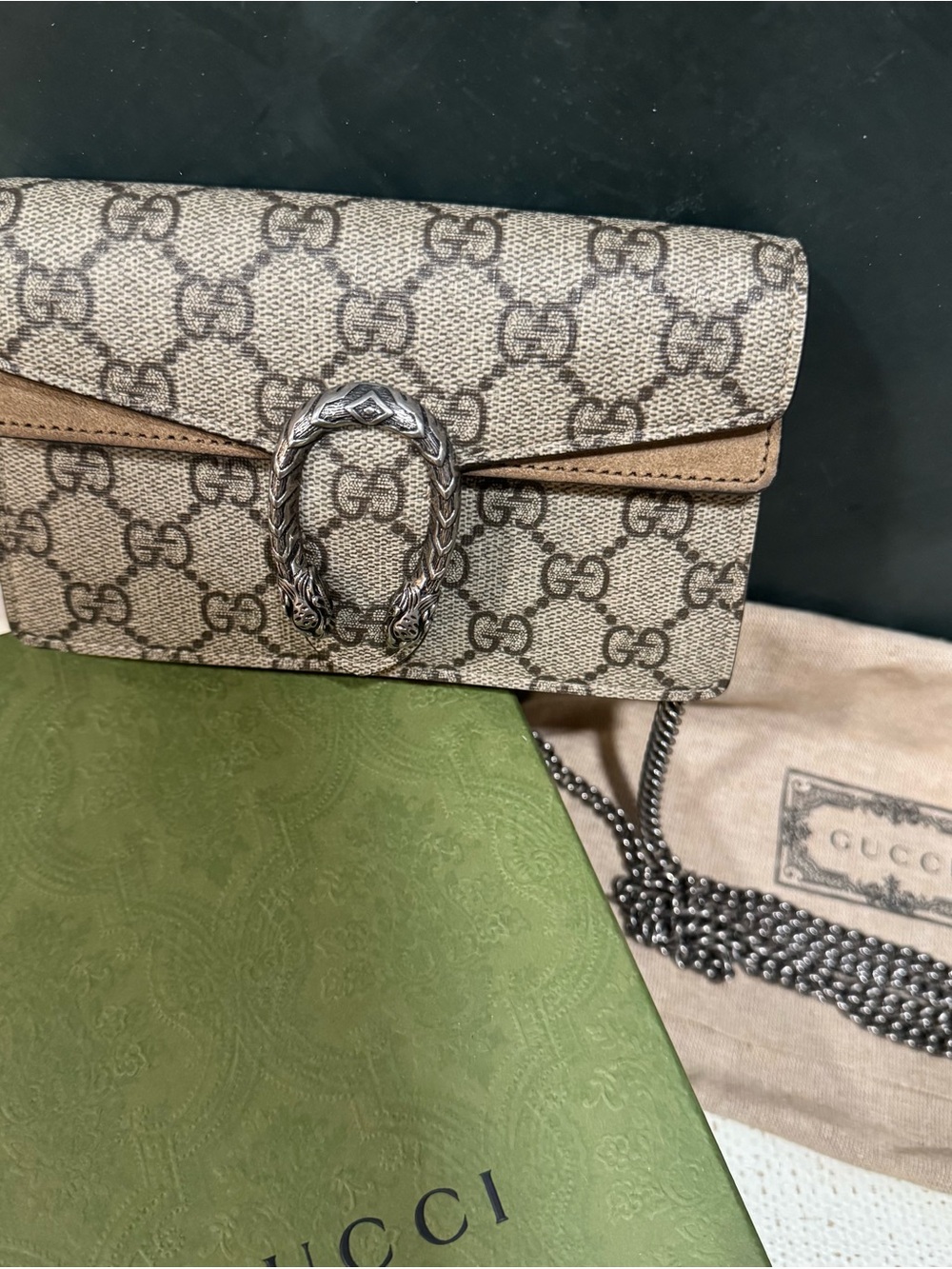 Gucci Beige GG Supreme Dionysus Crossbody with Silver Hardware